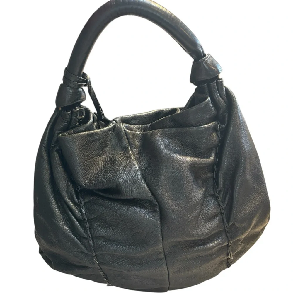 Vintage Furla REHAB Bag Black Leather Hobo Bag braided Trim magnetic snap close